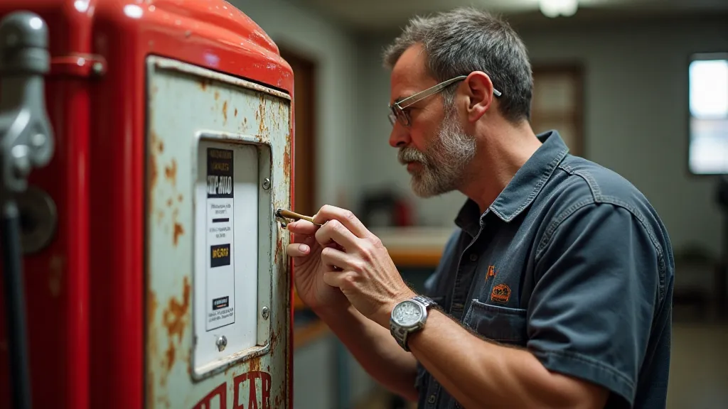 Gas pump restoration with craftsman painting the panel.