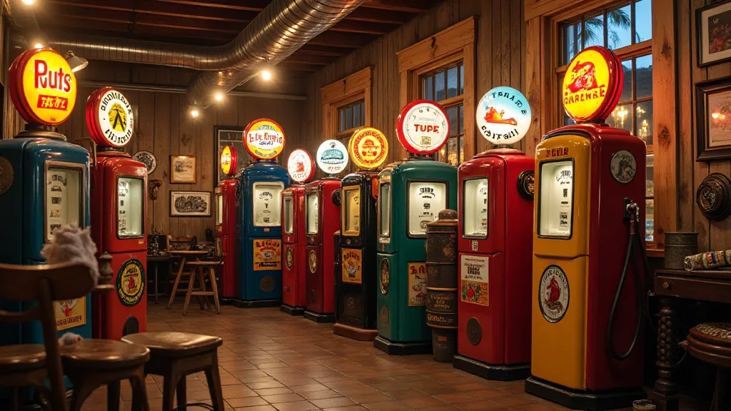 A collection of vintage gas signs on display