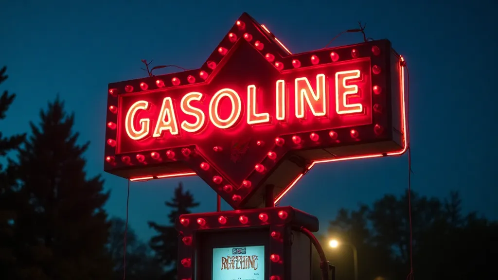 A brightly lit vintage gas station sign with neon lettering at night, set against a dark, rural background.