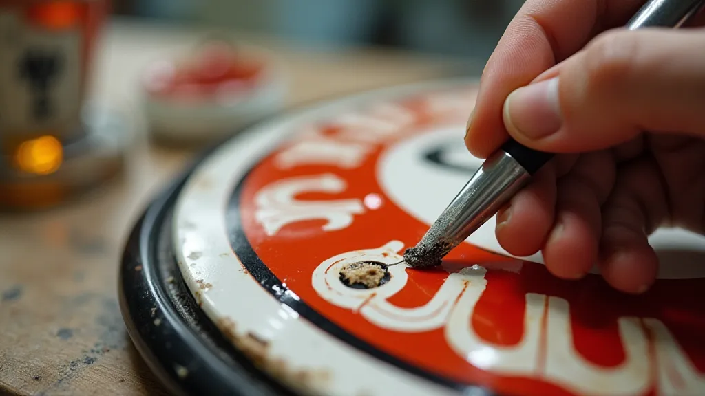 A close-up of a porcelain gas pump sign chip being filled with epoxy, showing multiple layers and color matching.