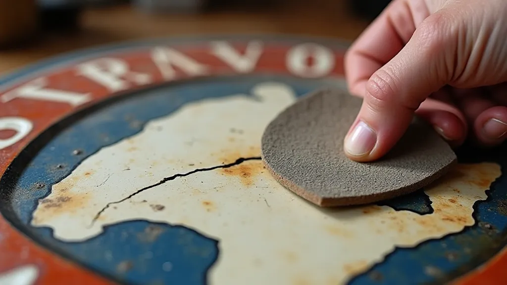 A close-up of a crack being filled on a vintage gas pump sign, showing the flexible epoxy being applied and sanded smooth.