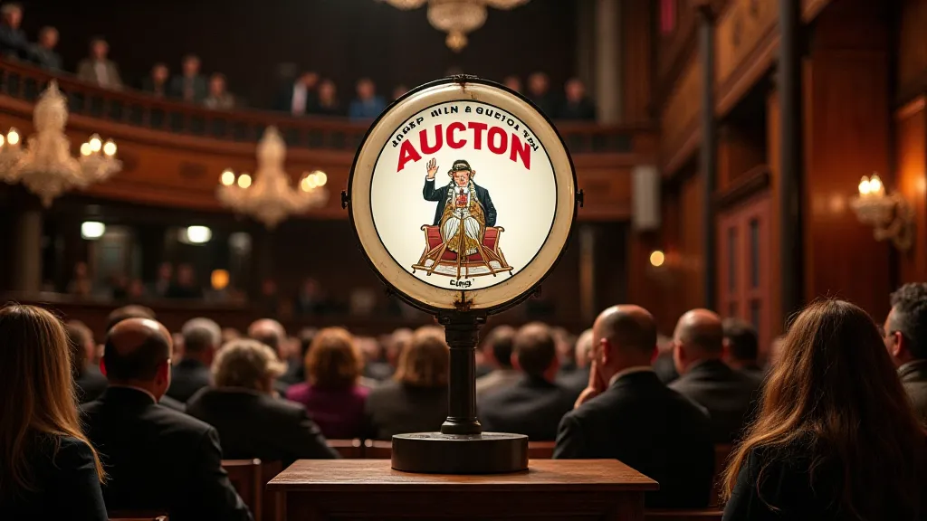 An auctioneer presenting a rare vintage gas sign to a crowd.