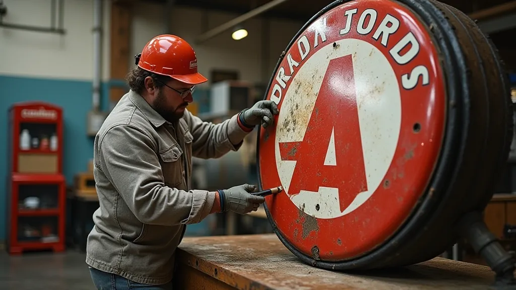 A restorer carefully cleaning a vintage gas sign in a workshop.
