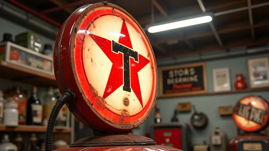 A beautifully restored vintage gas station sign displayed in a collector's garage or showroom.