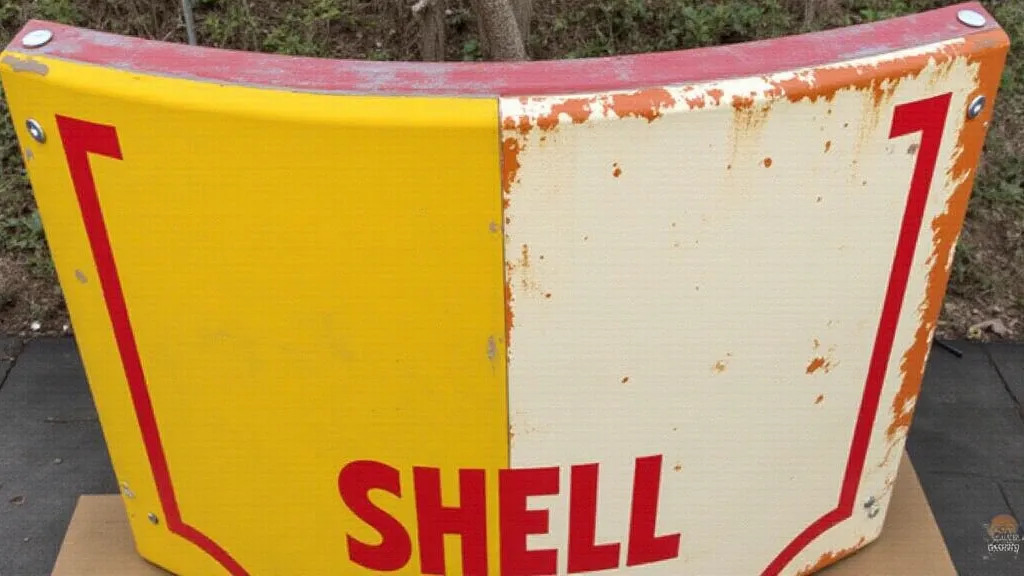 Comparison of original and restored paint on a Shell gas sign