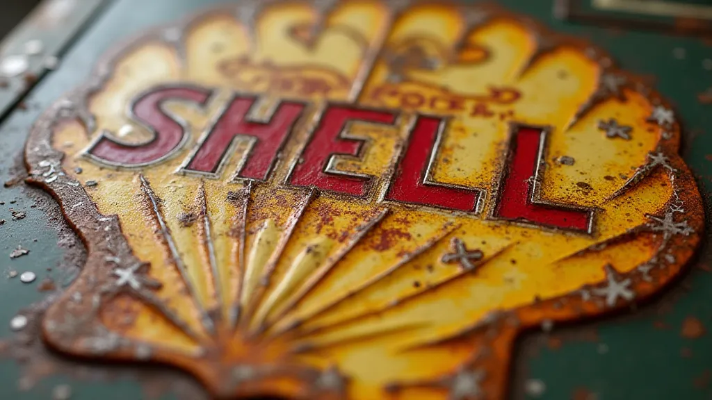 Macro view of a distressed Shell gas sign