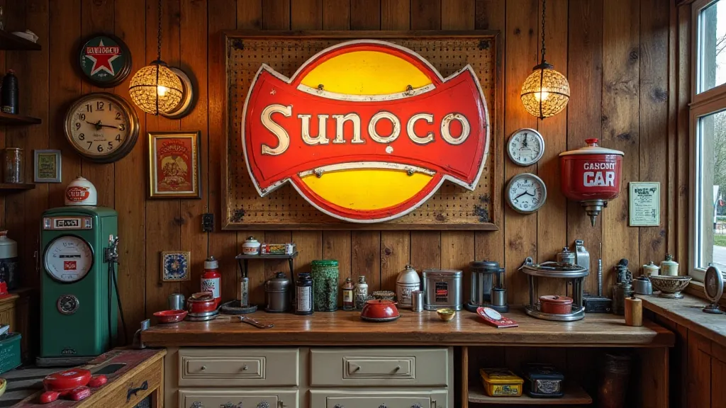 Sunoco sign on pegboard in garage